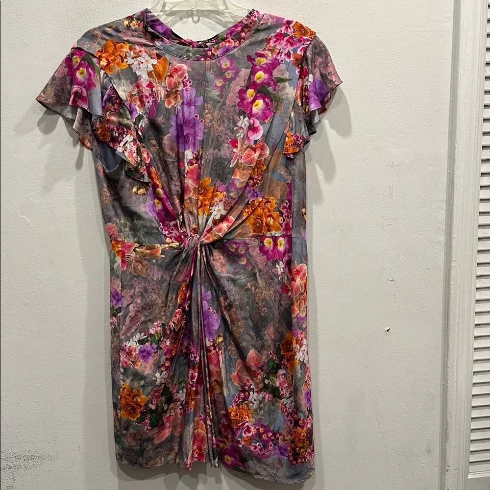 AllSaints Jemille Lucia Silk-Blend Mini Dress size 10 floral high neck sexy - Picture 5 of 12